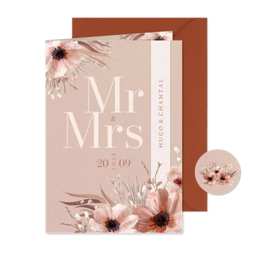 Stijlvolle trouwkaart botanisch Mr & Mrs met wikkel effect 